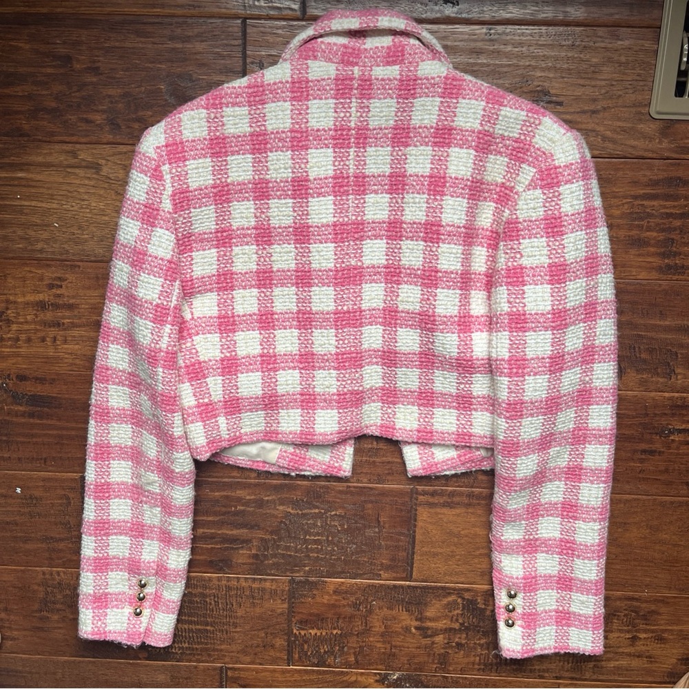 MANGO Pink White Plaid Check Tweed Cropped Blazer Jacket. - Picture 12 of 16